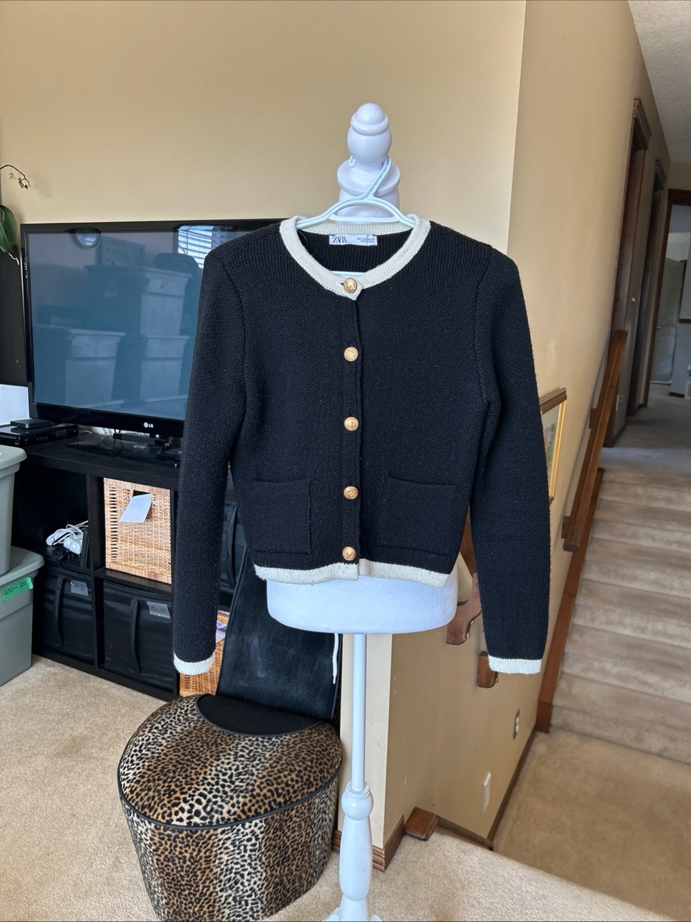 Zara Black Knit Cardigan Jacket with White Trim and Gold Buttons
